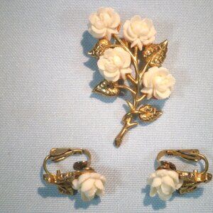 1950s Jonette Jewelry JJ Gold Tone White Carved Roses Flower Brooch & Earrings
